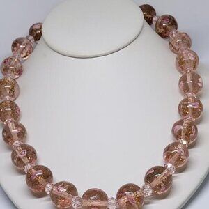 New, Pink Murano Style Glass, Beaded Necklace in Silverstone, 20 inches